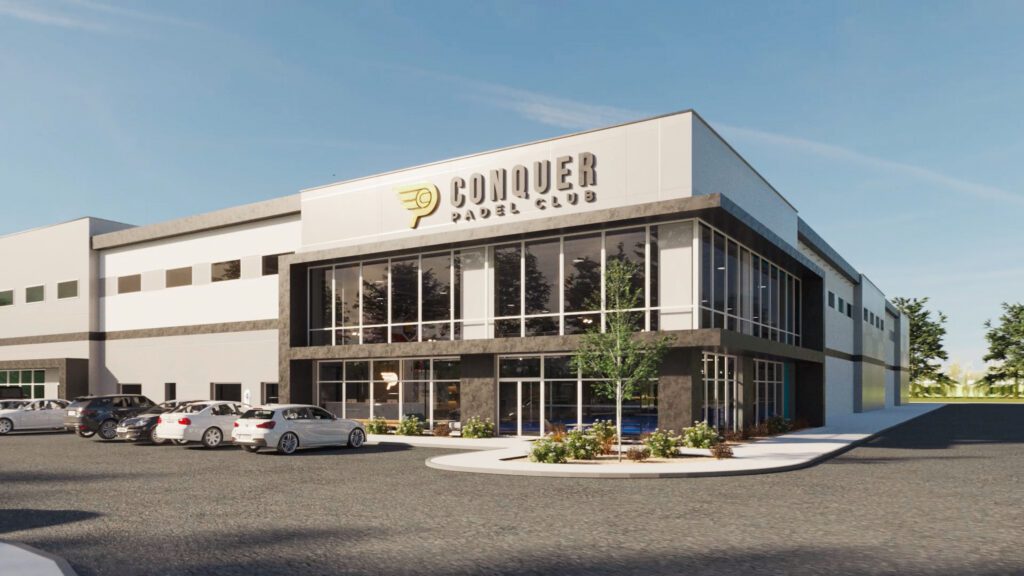 Exterior rendering of the Conquer Padel Club indoor facility in Lehi, Utah