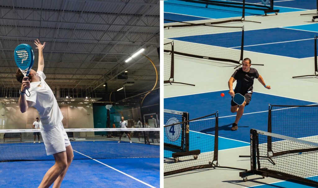 Side-by-side comparison of padel and pickleball courts, highlighting key differences in infrastructure and layout.