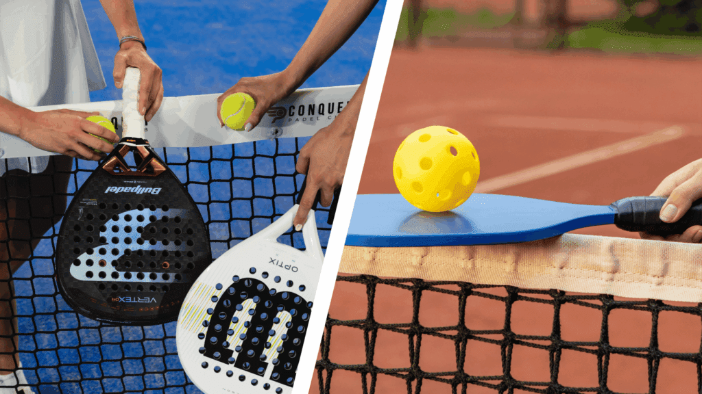 Split image of padel and pickleball paddles at the net, highlighting key differences between the two sports.